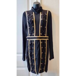 Long Sleeve Lace Up Detail Black Dress size Large NWT
